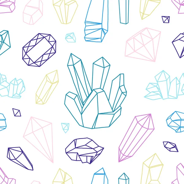 Treasure stones pattern. Seamless print with diamond and crystals gemstones. Faceted gems. Natural minerals. Precious ruby and amethyst. Line rhinestone. Luxury jewels. Vector texture — Stock vektor