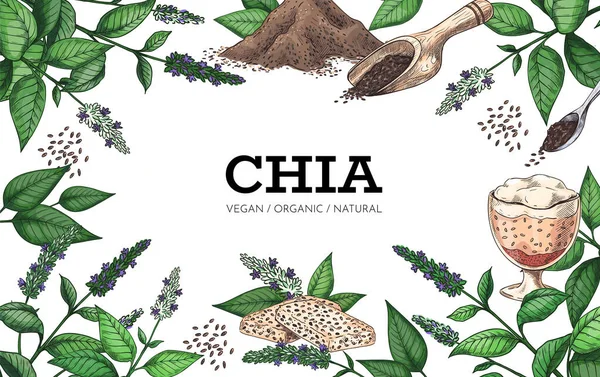 Chia framing. Restaurant and cafe superfood background with grains food. Natural products. Plants sketch. Flowers and leaves. Vegan desserts. Spoons with seeds. Vector hand drawn banner - Stok Vektor