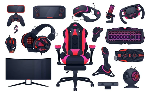 Game accessories. Professional gaming and IT profession equipment. Gamepad and computer monitor. PC peripherals. VR glasses or keypad. Isolated chair and headset. Vector devices set — стоковый вектор