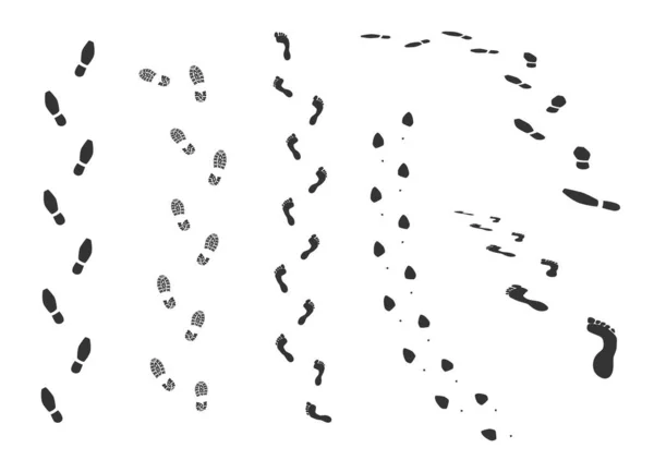 Foot trail. Bare foot and shoe print human trail. Black silhouette walk steps. Male or female leg imprints. Naked soles or footwear tracks. Footstep path. Vector boot shoeprints set — Stockový vektor