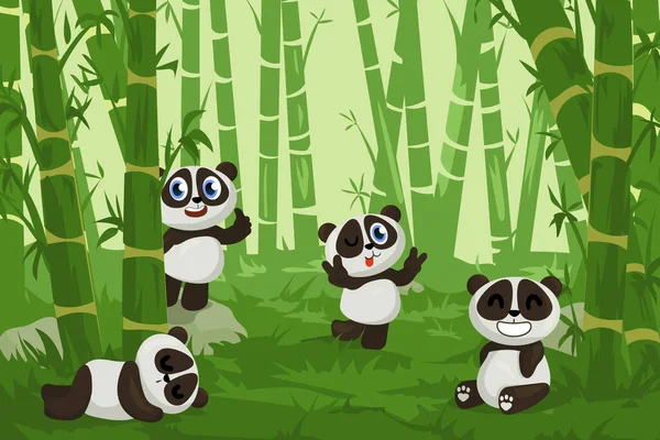 Panda en el jardín de bambú. Dibujos animados zoológico feliz personaje oso en el bosque verde. Divertida mascota animal chino con expresiones de emoción lindo. Criatura asiática durmiendo en el bosque. Fondo vectorial — Vector de stock