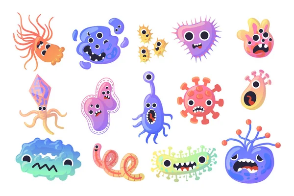 Germ character. Cartoon virus or microbe cell with funny faces. Caricature flu disease bacteria. Microscopic monsters. Pathogen creature mascots. Vector infection microorganisms set — стоковый вектор