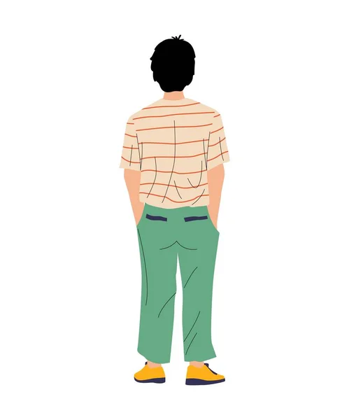 Man with hands in pockets. View from behind on teenager standing in relaxing position. Isolated walking or waiting character. Caucasian guy in casual clothing. Vector thinking person — Stock Vector