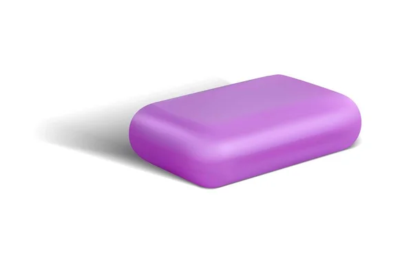 Realistic soap bar for bath. Antibacterial body care cosmetics. 3D cleaning product. Hand washing cleanser. Household cleaner piece. Hygienic toiletry. Vector square violet detergent — Vetor de Stock