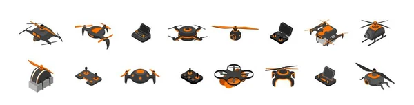 Isometric drones. Cartoon 3D aerial vehicle, isolated unmanned aviation copters, delivery fire police and user drones. Vector set — Stockvector
