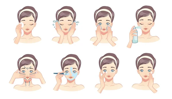 Face skin care. Cartoon young woman washing and cleaning her face with water and lotions. Vector Beaty procedures — стоковый вектор