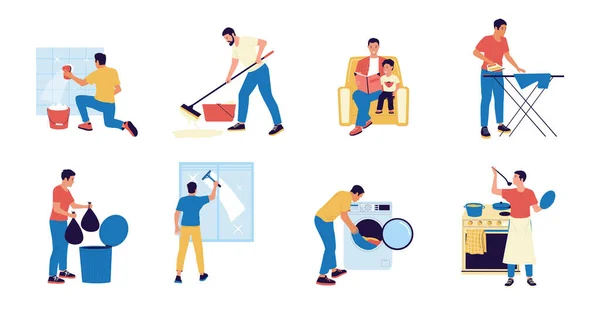 Dad housekeeper. Cartoon father character doing household work - cook, wash dishes, laundry, ironing, sitting with baby. Vector house chores set — Image vectorielle