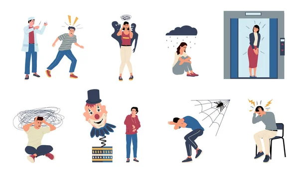 Phobia. Cartoon scared and obsessed with fear people, panic and nervous horrified persons. Vector characters with scared expressions — Stockvector