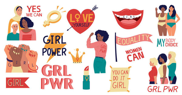 Feminist stickers. Womens solidarity and girl activist movement doodle graphic elements. Vector fashion girl sticker set