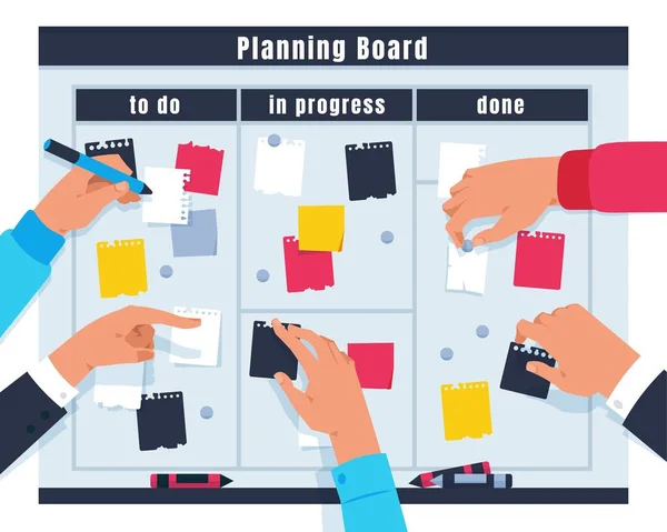 Scrum task board. Ream project collaboration, cartoon hands pointing on kanban board with tasks. Vector agile planning concept — Archivo Imágenes Vectoriales