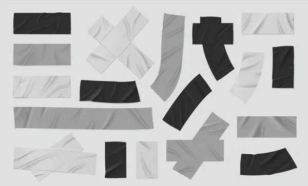 Duct tape. Realistic black and grey adhesive bandage, sticky isolated strip piece, torn duct tape. Vector isolated set — 图库矢量图片