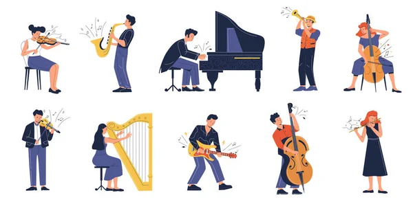 Musician. Cartoon people playing on musical instruments, jazz and symphony orchestral musicians performance. Vector isolated set — Stockový vektor