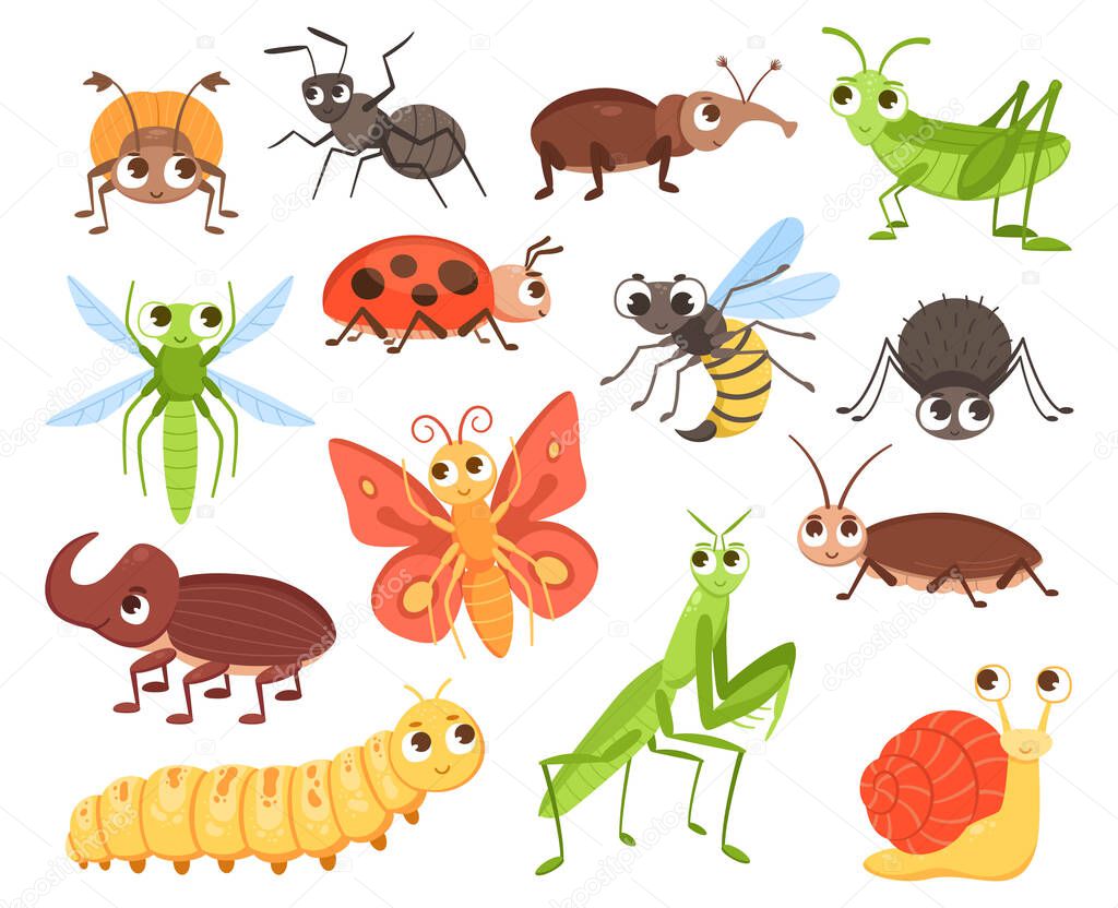 Cartoon insects. Cute bug characters. Crawling beetle or flying butterfly with big eyes for kids illustration. Grasshopper and ladybug. Entomology collection. Vector funny animals set