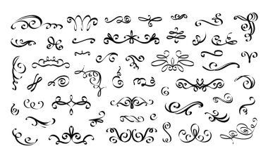 Dönen düğün süsü. Kaligrafi, klasik taslak elementleri zenginleştirir. Typography sınır hattı. Siyah mürekkep sarmalı ve parşömen çizimi. Zarif eğri ayırıcılar. Vektör filigran çizelgesi