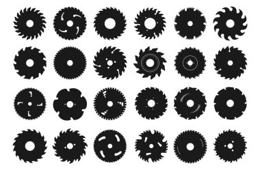 Dairesel testere bıçak ikonları. Ahşap işçiliği için metal disk silueti. Yuvarlak marangozluk aleti. Endüstriyel dönme dolaplar. İnşaat malzemeleri. Kesici alet. Vektör bıçkıhanesi sembolleri ayarlandı