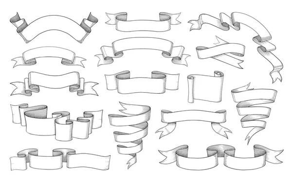 Bannière vintage. Croquis de ruban de défilement. Elément décoratif antique rétro pour livres et autocollants. Étiquettes vides anciennes dessinées à la main. Brandissant des pancartes classiques. Ensemble de bandes de gravure vectorielle — Image vectorielle