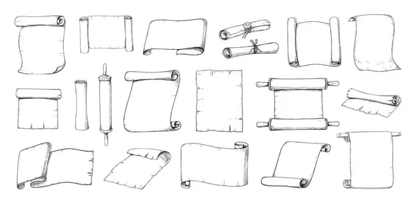 Scroll papieren schets. Oude perkamentrol en middeleeuwse brieven. Handgetekende antieke manuscripten en papyrus. Geïsoleerde zwart-wit lege lakens. Vector historische pagina 's ingesteld — Stockvector