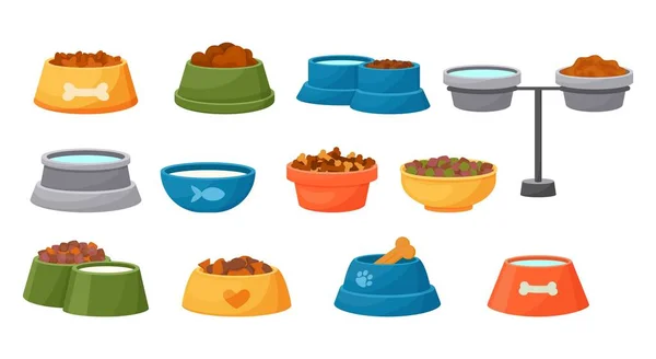 Tigela de comida para animais. Gato e cão desenhos animados recipientes com refeição molhada e seca, água e leite. Pratos de alimentação canina ou felina. Gatinhos ou cachorros acessórios. Conjunto de placas de alimentação de animais domésticos vetores — Vetor de Stock