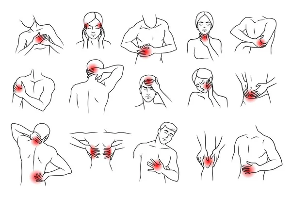 Ícone de dor corporal. Pescoço muscular humano nas costas e dor crônica no cotovelo. Sintomas dolorosos da doença. Inflamação e pontos de lesão. Infográfico médico. Desenho de anatomia vetorial conjunto isolado —  Vetores de Stock