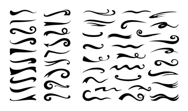 Υπογράμμιση κατακλυσμού. Ανθισμένο ρετρό swoosh. Χειροποίητη διακοσμητική τυπογραφία. Μαύρες σιλουέτες και στροβιλίσματα. Συλλογή καλλιγραφικών διαχωριστών. Σύνολο λογότυπου vector doodle swish — Διανυσματικό Αρχείο