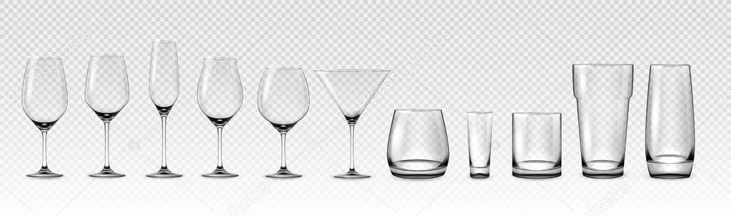 Realistic empty glass mockup. Transparent cup and cocktail stemware. 3D glassware for wine and alcohol drinks. Bar drinkware. Goblet and shot. Vector beverage serving tableware set