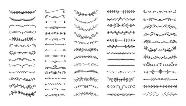 El çizimi ayırıcı. Sınır çizgisi süs eşyası. Çiçekli afiş çerçevesi. Ok altı çizili. Çiçekli ve yapraklı Vignette. Klasik siyah girdap çizimi. Vektör kaligrafi çizimi ayarlandı