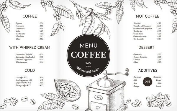 Menú de café elaborado a mano. Cafetería cafetería y restaurante menú de bebidas de cafeína con boceto de frijoles asados, taza de café expreso y saco. Planta ramas. Vector cafetería vintage diseño gráfico — Vector de stock