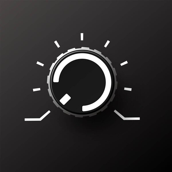 Volume dial knob. Music control round button with marks and numbers. Audio and sound balance tuning switch. Dashboard rotating power regulator. Loud amplifier tumbler. Vector illustration