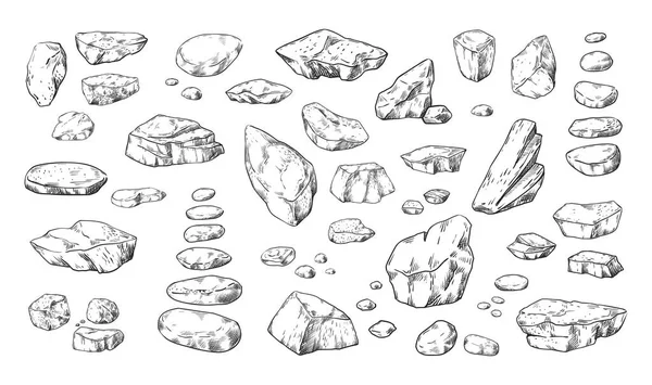 Stones vázlat. Kézzel rajzolt kavics és sziklák egy kupacban. Vázlatos firkálószikla szerkezet. Természetes anyag. Cobblestone formák. Elszigetelt geológiai elemek. Vektor gránit rubelkészlet — Stock Vector
