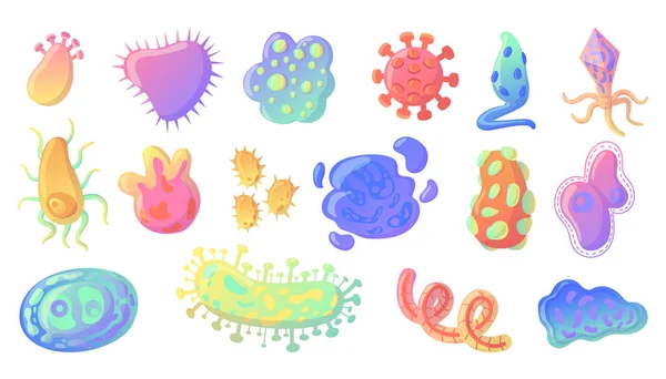 Карикатурные бактерии. Сбор пробиотиков Амебы и вирусных клеток. Микроб гриппа. Микробы и бациллы. Одноклеточные существа. Микроскопические патогены. Набор векторных биоопасных микроорганизмов — стоковый вектор