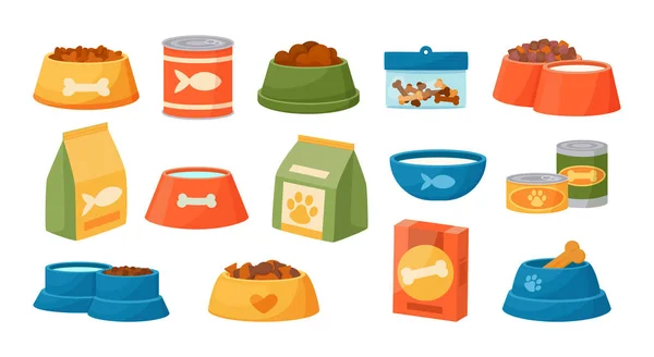 Cat and dog food. Cartoon pet feed containers or packs. Home animals wet and dry meal. Round feeders. Canine or feline conserve cans. Feeding plates. Vector snack packaging and bowls set — Stock Vector
