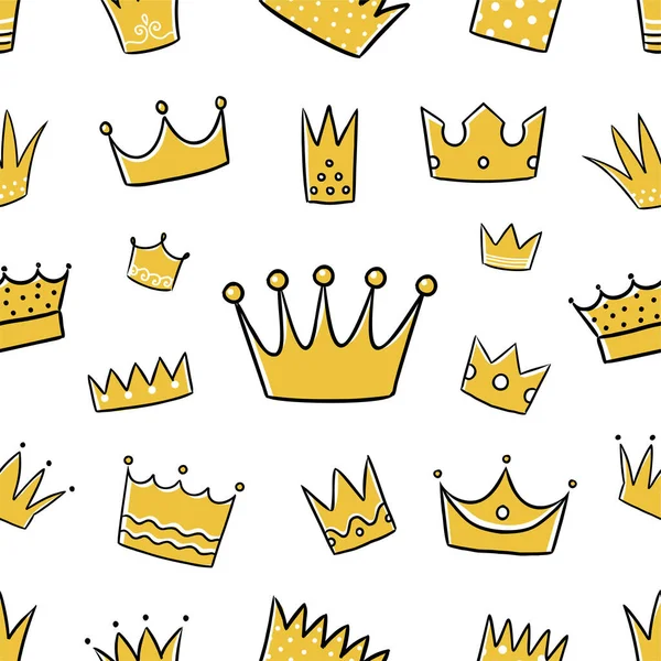 Doodle crown 패턴. 왕 과 왕비의 줄의 상징을 무색하게 인쇄 한 것입니다. 왕자님 과 공주님 머리 장식이요. 대관식의 머리장식. 골든 티아라. 벡터 거리 미술 낙서 질감 — 스톡 벡터