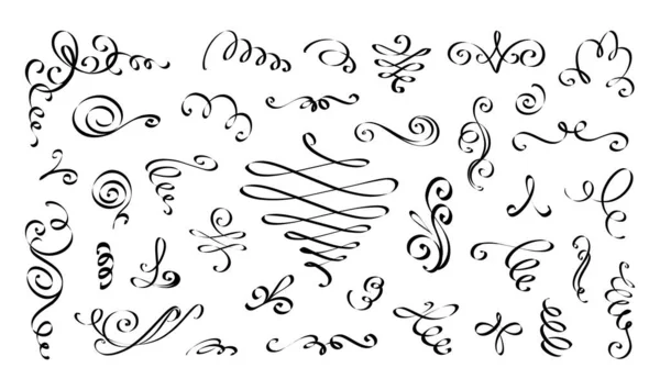 Swirl kalligraphische Linie. Blumige Skriptgrenze. Vintage Outline Ornamentelemente. Schwarze Tintenspiralen und Schriftrollen. Vereinzelte klassische Trennwände und Vignetten. Vektor-Skizzen-Deko-Set — Stockvektor