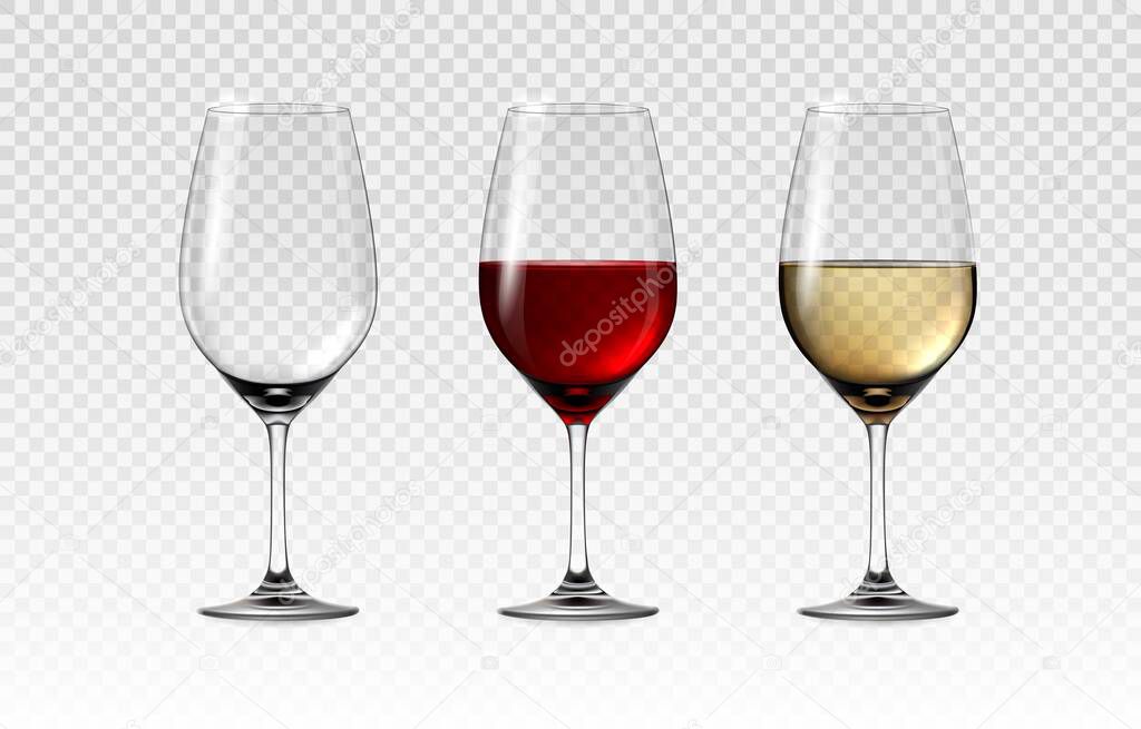 Glass with red and white wine. Realistic transparent wineglasses. Full or empty 3D alcohol glassware. Grape beverages serving. Isolated transparent goblets. Vector cocktail stemware set