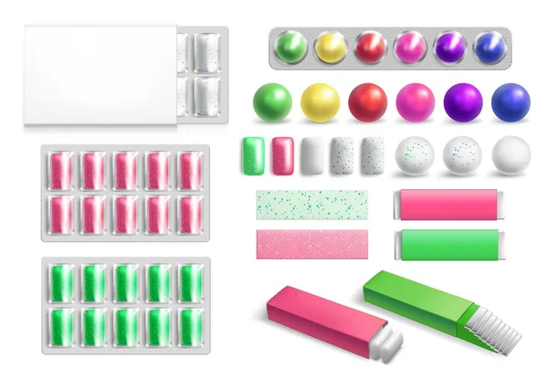 Цветная жвачка. Реалистичный 3D жевания жвачки таблетки и тарелки для свежей рекламы дыхание. Волдыри и пакеты с жевательными подушками для стоматолога. Набор векторных сладких или мятных конфет — стоковый вектор