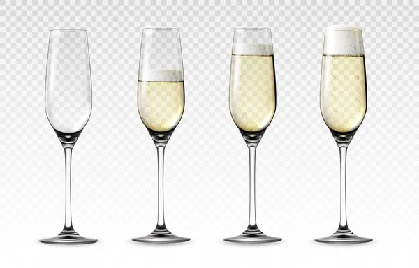 Reális pohár pezsgő. A magas borosüveg átlátszó mockupja buborékos fehér szőlőlével. Esküvő és Valentin napi ünnepi tószt. Vektor 3D pezsgő üveg készlet — Stock Vector