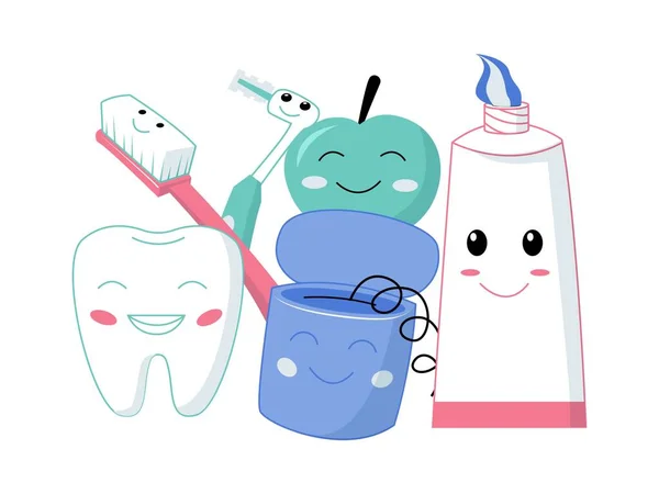 Karikaturen zur Zahnpflege. Zahngesundheit niedliche Maskottchen. Zahnpasta und weiße Zahnmundspülflasche mit lustigen Emotionen. Zahnbürste und Zahnseide. Glücklicher Backenzahn. Vektor Zahnheilkunde Produkte Set — Stockvektor