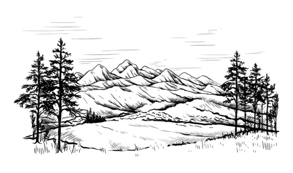 Горный пейзаж. Ручной рисунок с лесами и скалистыми хребтами. Черно-белый пейзаж. Панорама гор. Небо горизонта. Сценические холмы и скалы. Векторный фон — стоковый вектор