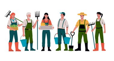 Cartoon farmers. People characters standing together in garden. Men with shovels or rakes and buckets. Gardeners in uniform. Vegetable crop. Vector background with agricultural workers clipart