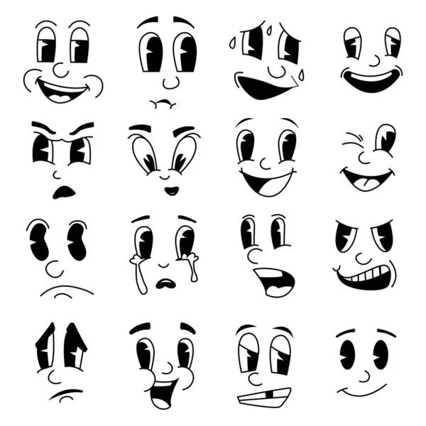 Komik çizgi film duyguları. Eski çizgi filmlerdeki maskotların yüzleri. 30 'lu 40' lı 50 'li yılların karakterleri. Kızgın ya da mutlu bir gülümseme. Ağzı ve kaşları olan karikatürler. Vektör yüz ifadeleri ayarlandı — Stok Vektör