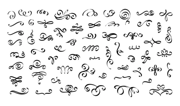 Blühende Zierelemente. Kalligraphie dekorative Phantasie Wirbelzeichnung. Typografie kurvt über Taumellinien und Spiralen. Elegante Trennwände und Vignetten. Vektor isoliert verschönern Skizzen Set — Stockvektor