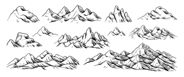 Rocky mountains sketch. Hand drawn nature landscape engraving. Hike and summit climbing background. Scenic cliffs and peaks panorama. Highlands scenery. Vector outline rock ridges set Royalty Free Stock Vectors