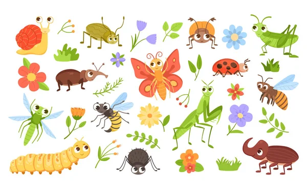 Cartoon bugs and plants. Insect characters with happy faces and colorful flowers. Caterpillar and snail mascots. Buzzing bee. Beetle or hornet. Blossoms with leaves. Vector animals set Stock Illustration