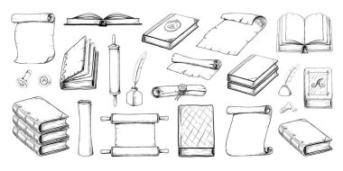 El çizimi parşömenler ve kitaplar. Eski kağıt ya da parşömen kağıdı ve epistles eskizi. Kıvrık kenarlı çarşaf. El yazması ve sarılmış papirüs. Ders kitabı yığını. Vektör sayfaları oyma seti