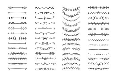 Sınır çizgisi çizildi. El çizimi bölme süsü. Düğün davetiyesi, yapraklı ya da çiçekli. Flourish vignette. Vektör klasik hat altı çizgileri ve ayırıcılar ayarlandı