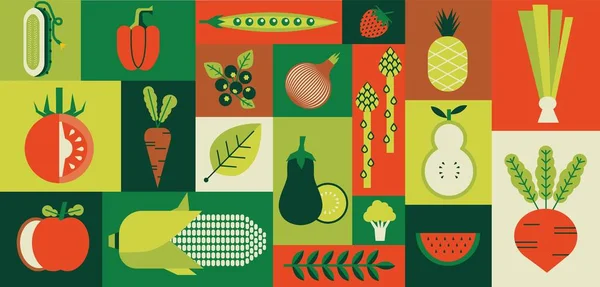 Geometryczne jedzenie. Streszczenie ekologicznych warzyw i owoców. Baner ze zdrowym wegańskim posiłkiem. Truskawka czy pomidor. Minimalne zbiory w ogrodzie. Naturalne bakłażany i buraki. Tło wektorowe — Wektor stockowy