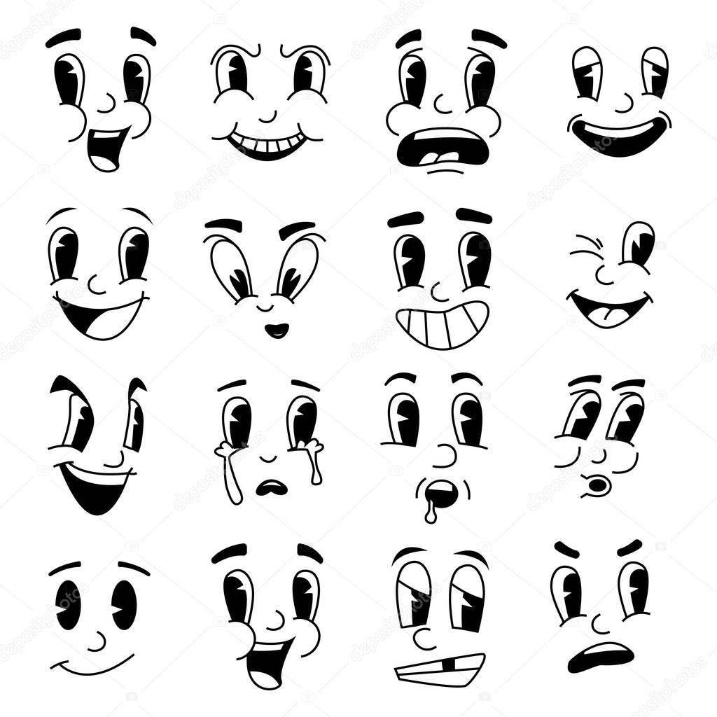 Retro cartoon faces. Fanny mascot emotions from cartoons. 30s 40s 50s hand drawn facial expressions. Emotional caricatures with eyes and mouths. Vector unhappy or cheerful smile set