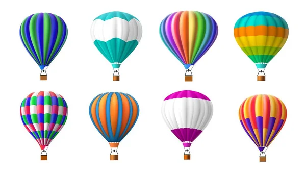 Varmluftsballon. Realistisk luftskib med kurv i flugt. Stribet kuppel. Sommerrejse og kreativt rejsekoncept. Himmel transport. Luftfartøjer. Vektorflyvetransportsæt – Stock-vektor