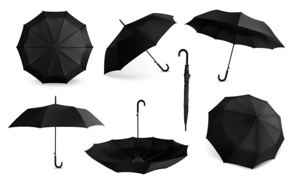 Parapluie noir. Modélisation réaliste de l'accessoire de protection contre la pluie ouverte et fermée. Vue de différents angles sur parasol avec poignée. Tentes imperméables pliées. Ensemble de auvents vectoriels classiques — Image vectorielle