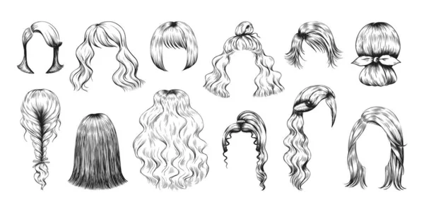 头发草图。妇女发式铅笔绘图。女性长发或短发或假发。女孩的美丽。有辫子、发髻和马尾辫的不同的服装样式。矢量魅力发式套装 — 图库矢量图片